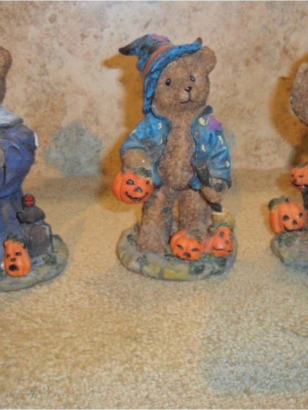 Hand-Painted Brown Teddy Bear Halloween Figurine with Blue Costume